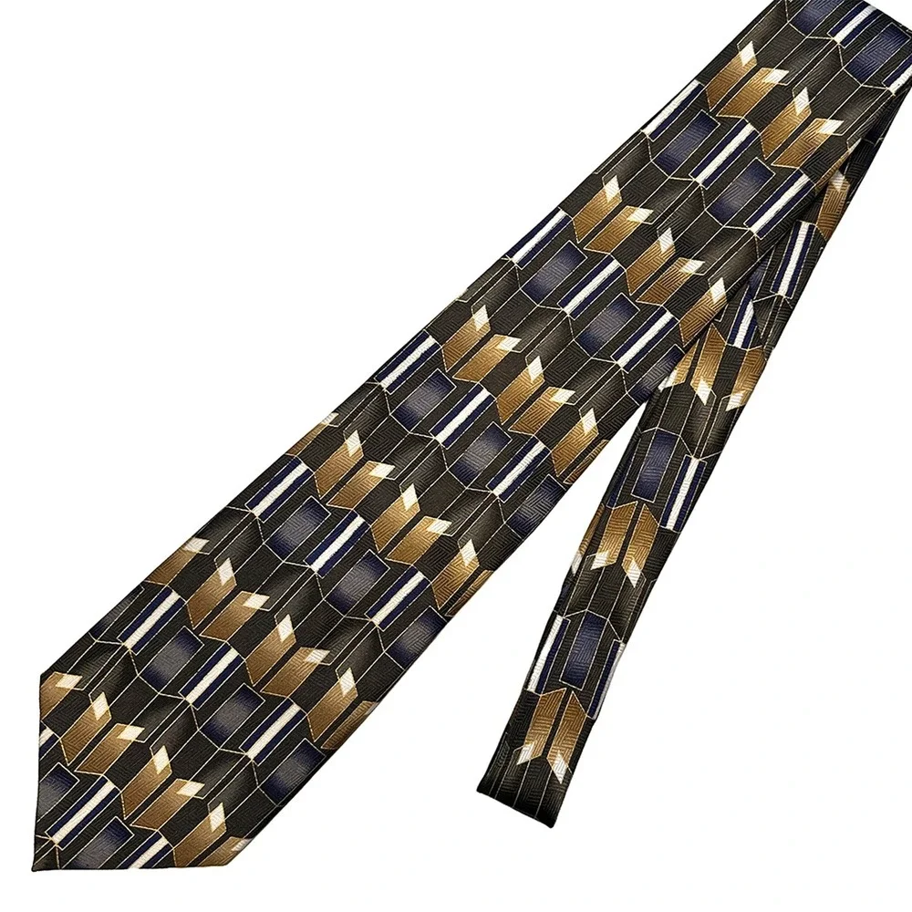 ANTONIA COLLECTION Men's Geometric Pattern Tie • 100% Silk‎ • olive, gold, blue
